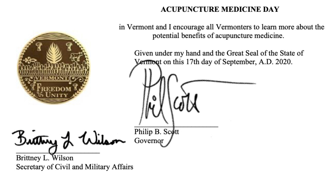 Acupuncture Medicine Day Proclaimed in Vermont American Society of